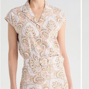 NWT T Tahari Linen Blend Cap Sleeve Print Short Sleeve Blouse